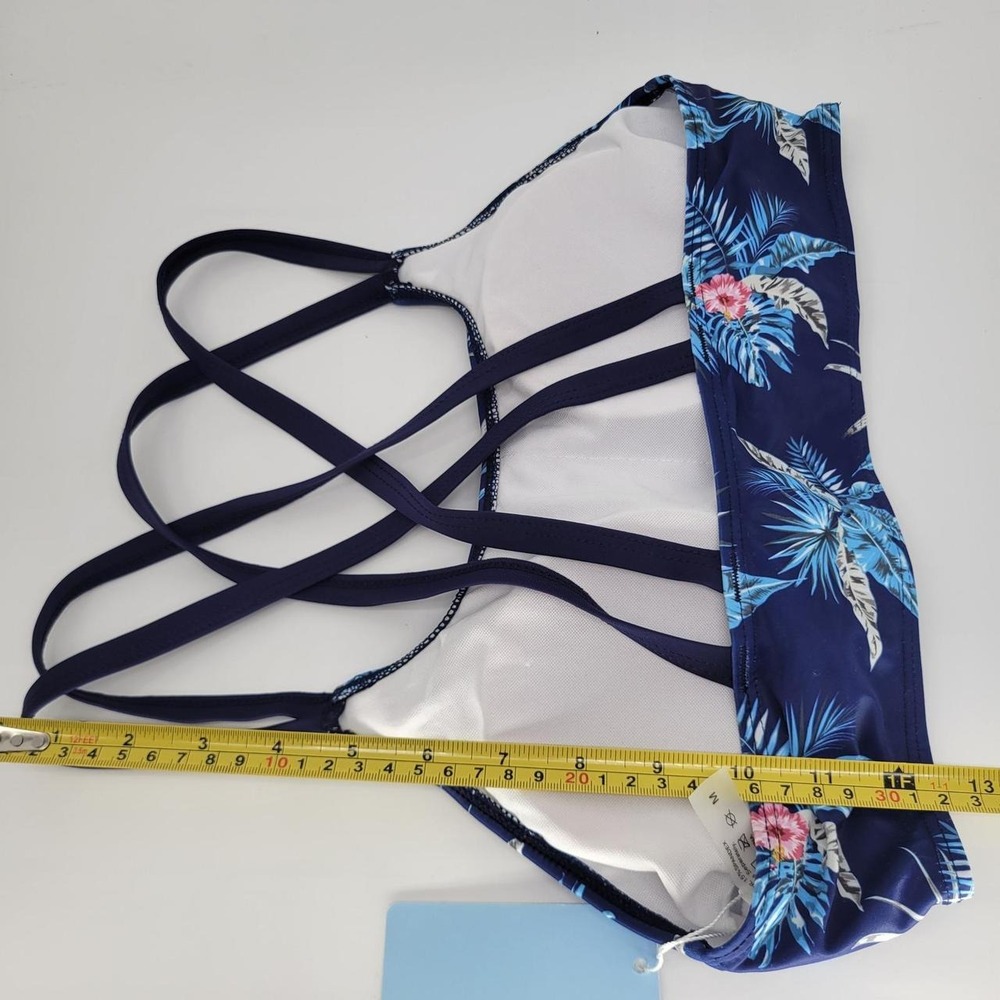 Yonique Womens Tropical Floral Crisscross Back Bikini Swim Top Navy Blue Size M - Picture 4 of 7